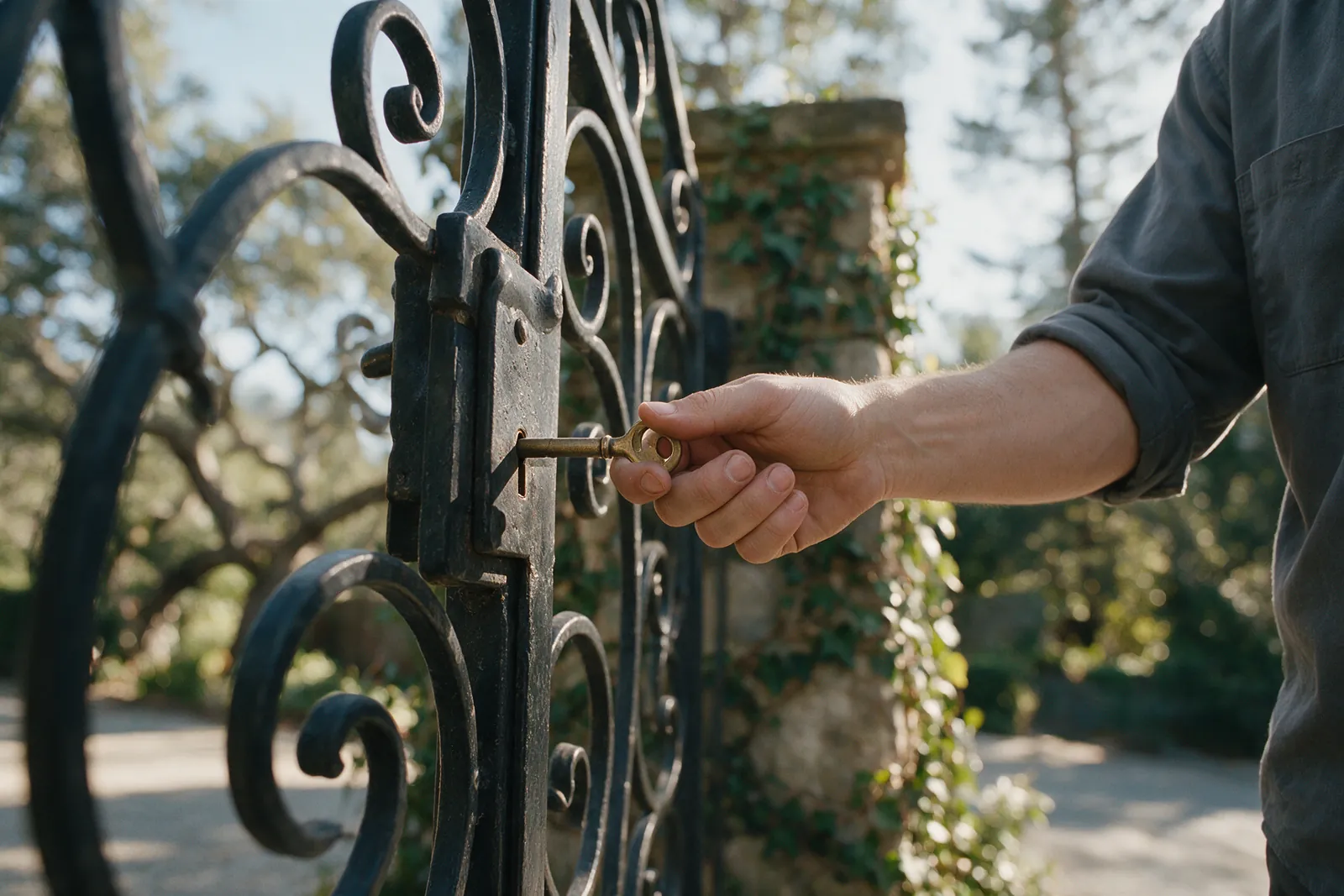A key in the latch of an iron driveway gate, close up