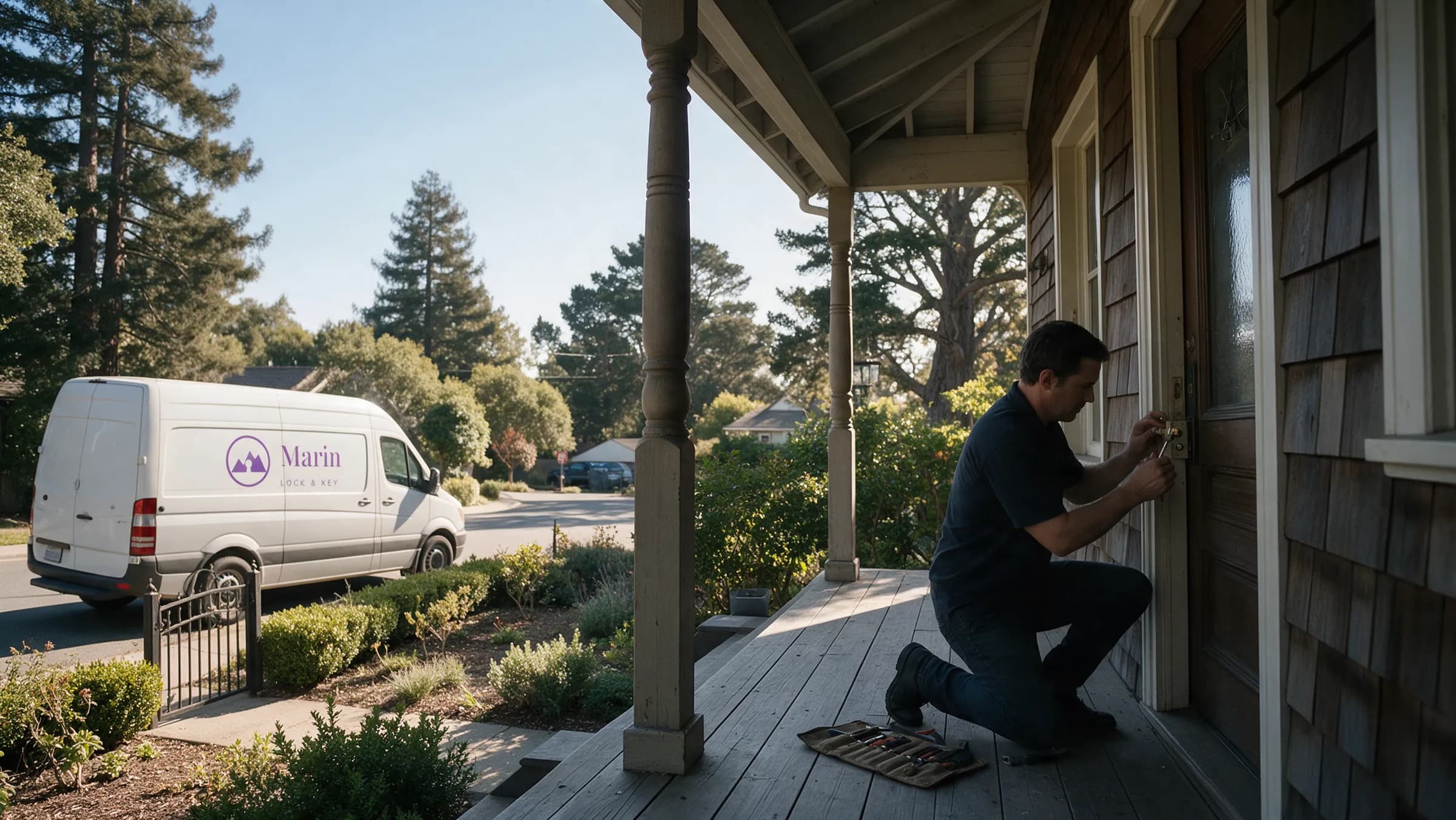 A locksmith kneeling on the porch of a Victorian house in San Rafael, working a mortise lock on a dark wooden door with wrought-iron trim, hedges and an iron gate, white van and a redwood beyond