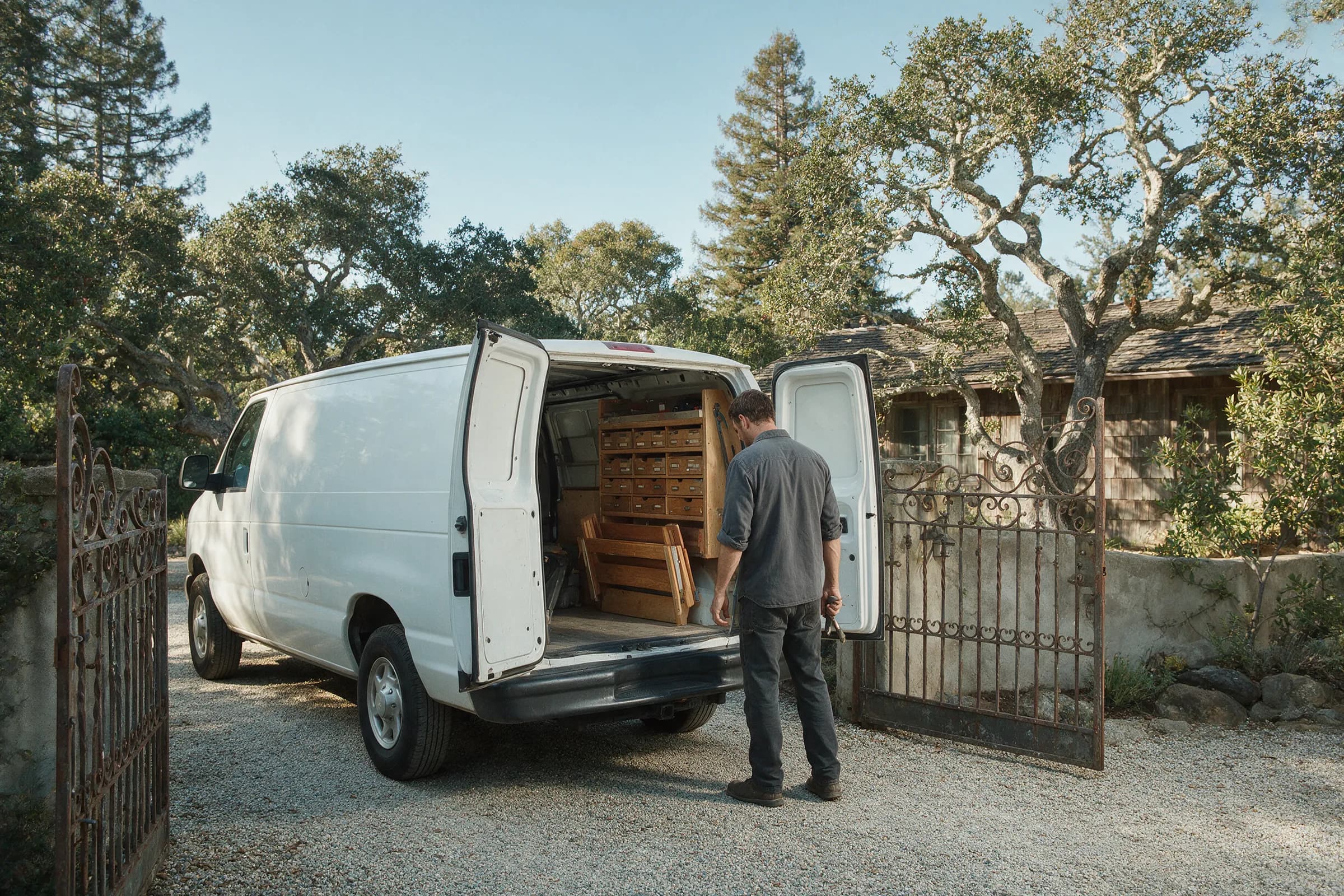 Marin Lock & Key van at the foot of a gated drive in San Rafael